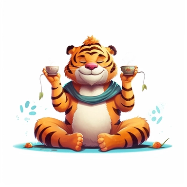 yoga happy tiger , cartoon Clipart style, white background, tea time, 8k