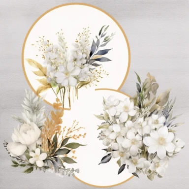 scrapbook paper template, intricate three small bouquets of white floral watercolor clipart on the borders on paper, luxurious textures, nature-inspired pieces, very high resolution