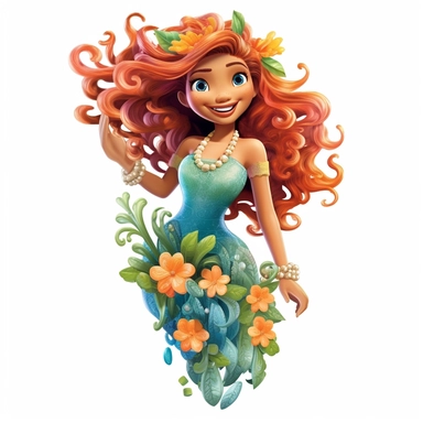 A beautiful smiling mermaid, highly detailed, long hair, beautiful flowers and coral, highly detailed tail, full body image, pixar style, clipart