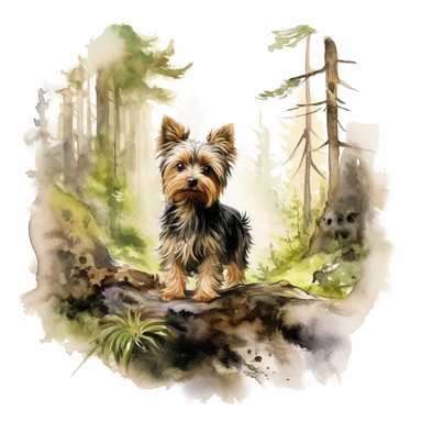 close up high detailed, Hand drawn watercolor clipart of a cute Yorkshire Terrier exploring in a forest, on a white background