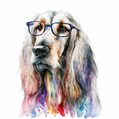 a watercolor painting of a Afghandog Hound COOL with glasses, clipart, white background
