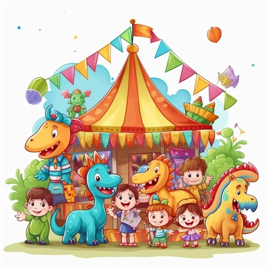a carnival with cute dinosaurs and kids clipart