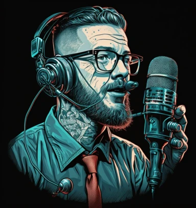 a clipart image of a person with glasses and a tattoo holding microphones, in the style of cryptidcore, wealthy portraiture, noah bradley, animated gifs, stockphoto, johfra bosschart, slawomir maniak