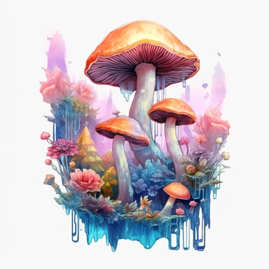 clipart. hyperrealistic mushrooms on an underwater planet. mushrooms are underwater at the bottom of the alien sea, growing amongst colorful coral and fish. summery fairycore floral watercolor aesthetic. the colors should be summery and bright with contrast, as if the sun is shining down, with pastels like vibrant greens, pinks, purples, blues, and yellows and hints of shimmering gold glow. hyper-realistic detailed gouache painted style, with photorealistic raw elements, to give the pattern an o