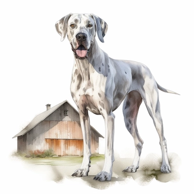 high detailed, Hand drawn watercolor clipart of a happy Great Dane on a farm, on a pure white background for background removal, no shadow, no paint splash