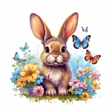 Cute Beautiful bunny with flowers and butterflies Sublimation Clipart, Cartoon, hyper realistic, intricate detail, illustration style, high solution, on the white background