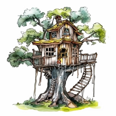 watercolour treehouse clipart illustration, on an isolated clean white background, with black ink outline and black border, cut out
