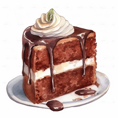 watercolour chocolate cake with cream and decoration, clipart on white background, no watermark, highly detailed, professional color gradation, clean sharpness