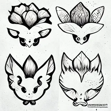 Pokémon style animal, tattoo flash sheet, separate images, black and white, sticker, line art, clipart, white border