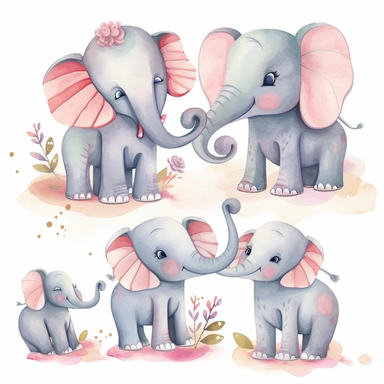 Imagine you're creating a set of cute elephant family clipart in a hand-painted style that would be perfect for decorating a baby's nursery. Your goal is to create a whimsical and playful style that captures the warmth and love of an elephant family. Use loose brush strokes and watercolor techniques to create a soft, organic, and playful look for the elephants. Incorporate a mix of bright and pastel colors, such as pinks, blues, and greens, to add a sense of joy and happiness to the illustration
