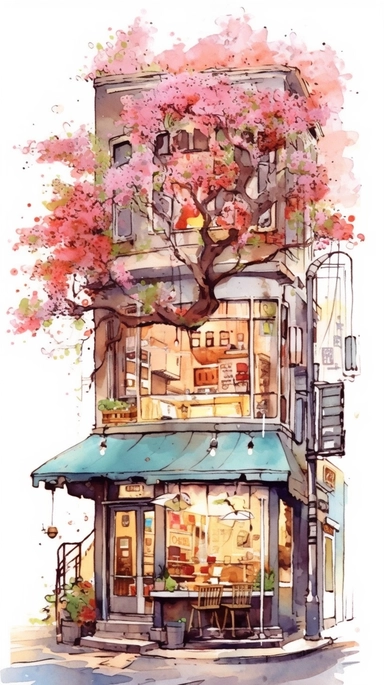 Very very cute and Whimsical quirky Jazzy coffee shop, building corner, cherry tree blossom, Raining colorful, Watercolored illustration in the style of Michael Powell, clipart, city vibe background - 8K
