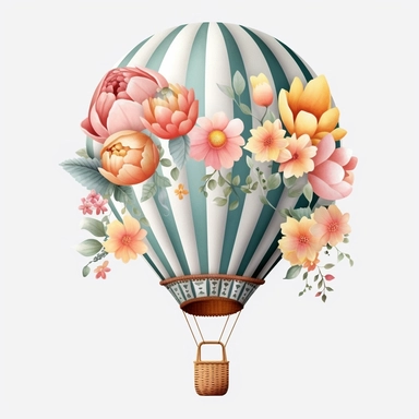 Hot Air Balloon With Foral realistic Clipart, White Background