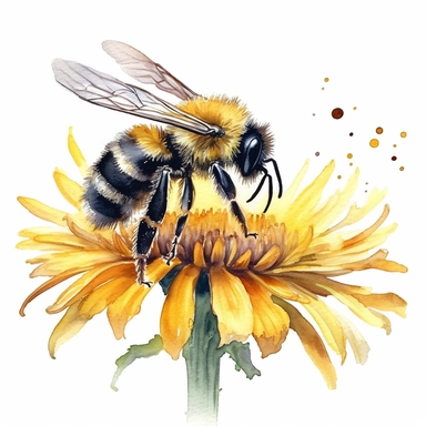 watercolor, white background, no text, clipart of a bee diligently cleaning itself while showcasing the pollen it has collected from flowers. The bee is portrayed in meticulous detail, with its furry body shimmering in hues of yellow and black. The bee is depicted perched on a leaf or flower, focused on its grooming routine. Its delicate legs and antennae are meticulously groomed, removing any dust or debris. The bee's tongue, or proboscis, can be seen partially extended, indicating its engageme