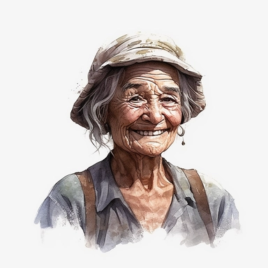 cinematic farm old woman, smiling, surrounded by white background, clipart, wide shot, very detailed, watercolor illustration, white background, cinematic, ultra hd,
