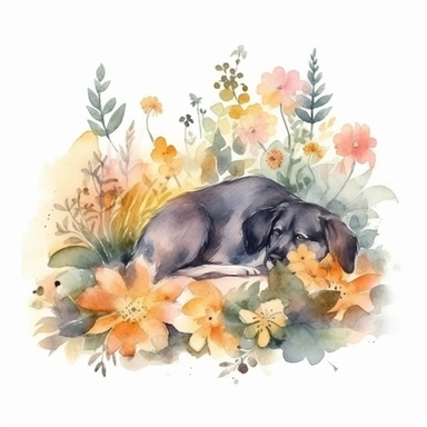Lazy Dog Sleeping in garden over Flowers and Leaves ,Isolated,Watercolor Clipart