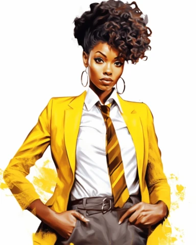 Extremely realistic digital illustration clipart, vector art of ultra beautiful African American women with bronze skin, professional entrepreneur with beautiful black hair in messy bun, dressed in Yellow and white business suit of the year 2023, standing in the center of an office on a white background ad type clipart