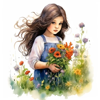 ink and watercolor mixed a beautiful little girl picking fwildflowers, with flowers in her long dark hair, clipart