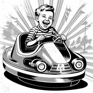 happy kid driving a bumper car, in 1950´s style, clipart black and white