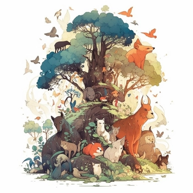 In the style of Ryo Takemasa, xuan loc xuan, Lisa Audit, Anastasia Suvorova, Jon Klassen, greg tocchini, separated isolated single of Complex Epic ghibli forest animal, colorful, white background, magical, fantasy, vector, clipart, elaborate, ultradetailed, best quality, well composed, vibrant color tone, trending on artstation, elaborate, cinematic lighting, vibrant colors, high definition
