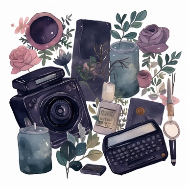 Digital stickers, dark academia gadgets, watercolor, clipart, aesthetic, minimalistic, dark colours