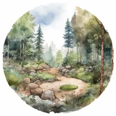 a watercolor of a realistic scenery of the center of the earth forrest, cottagecore style, vector free clipart illustration, in the style of unreal engine 5, 32k uhd, detailed features, white background
