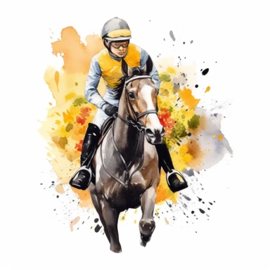 ace horse, with jockey, with yellow flowers water color, white backhround, clipart