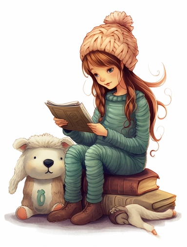 girl, 8 years old, reading a book, and woman, 30 years old sewing a stuffed animal, clipart style