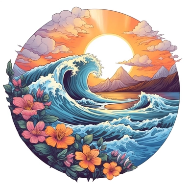 a sticker, artwork of t shirt graphic, random image, beautiful flowers, sunrise mountains and clouds , big sea waves, water splashes, white background, colorful fantasy flower sorround, highly detailed clean, vector image, photorealistic masterpiece, professional photography, realistic, flat white background, isometric, vibrant vector, clipart, illustration, realism, 4k, , cinematic, front view, white background