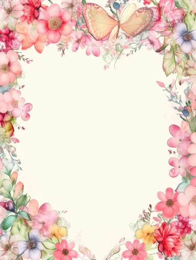 frame for poster, narrow vignette along the sides and the corners of the picture, little cute wild bright clipart flowers like hearts vignette, soff pastel blank center of the picture,