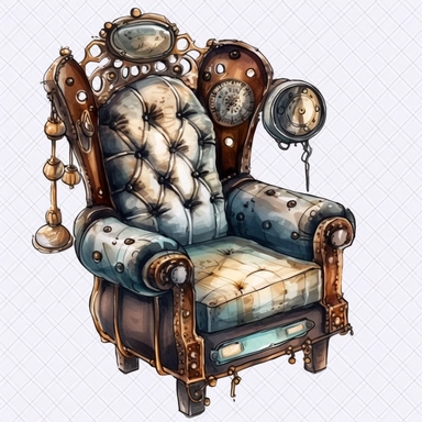 realistic watercolor style steampunk armchair, white background, clear outline, clipart