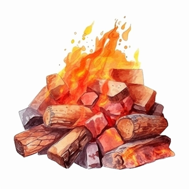 isolated illustration on a white background, a hyper realistic camp fire rich orange red and beige warm colors , Clipart, watercolor realistic and highly detailed, natural realistic warm colors