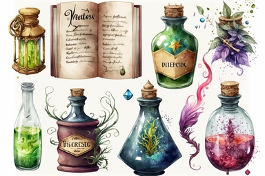 isolated watercolor clipart images of wizards spellbooks and potions on white background, vibrant hue spellbooks with aged parchment pages, bejeweled covers, intricate rune inscriptions, potions in mismatched glass bottles glowing with mysterious luminescence, a variety of concoctions ranging from swirling nebulas to sparkling glitter-filled liquids, white background like untouched canvas offering stark contrast, neutral setting bereft of any distraction, amplifies the vivid colors and fascinati