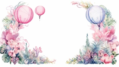watercolour illustration, jungle smash pastel pink princess themed scene, pastel roses balloon arch, fairy tale, fairy tale pink jungle, leaves and balloons, clipart, sublimation graphics, by Beatrix Potter, watercolour clipart, unique design, print on demand image, transparent PNG background, white background, 8k