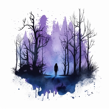simple and minimalistic clipart in black ink and watercolor style with black ink splatter, witchcore scenery with deep creepy forest trees and the human shadow standing in the middle of the forest, in the twilight, dark blue and light purple color scheme, white background, uhd, high quality