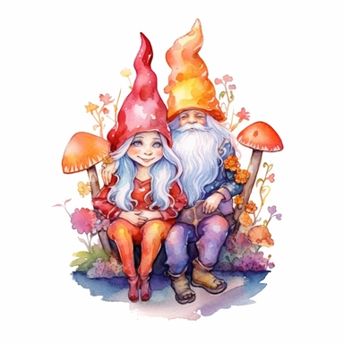 Watercolor magical gnome couple sitting on a toadstool, watercolor clipart on white background, vivid colors, enchanting scene clipart on a white background in the style of feminine sticker art, Tanya Shatseva, storybook illustration, red, white and caramel tones, Georgia O'Keeffe, colored line art, colored outlines, cottagecore design, watercolor on white background, crisp tones, sticker outline, colored line art, colored outlines, iridescent ombre, gradient shading, pure tone, vibrant digital 