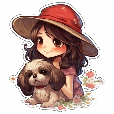 sticker clipart dark brown hair, no light brown A cute and sweet Pixar Shihtzu puppy, fluffy and chubby, knitted hat with red bow, long dress, holds a rose in both hands, beautiful blue eyes, slim body, sweet smile, opens mouth on a spring morning, Small daisies, delicate and delicate, clean sunlight, fairy tales, incredibly high detail, Pixar style, romantic elegance, vibrant colors, natural light, simple background, pure blue, 5 degrees and octane rendering, artstation pop, gorgeous, super wid