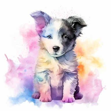 A watercolor painting clipart of a cute baby border collie, rendered in delicate rainbow pastel watercolor tones.