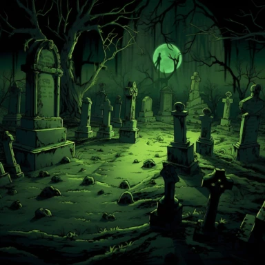 clipart, A spooky graveyard scene with tombstones covered in neon moss and glowing skulls emerging from the ground. The moon should cast an eerie glow, and bats should be flying overhead. Camera setup: Medium shot capturing the entire graveyard scene. Use a wide aperture to create a shallow depth of field, focusing on the glowing elements in the foreground