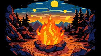 A vibrant clipart of a roaring campfire, flames dancing energetically, casting a warm glow on the surrounding area. The fire is composed of vivid shades of orange, red, and yellow, with flickering tongues of blue at the base. The wood crackles and pops, sending sparks into the night sky. The fire is contained within a stone ring, adorned with intricate carvings and symbols, enhancing the mystical aura. The scene is set in a dense forest, with towering trees forming a natural canopy overhead. Sof