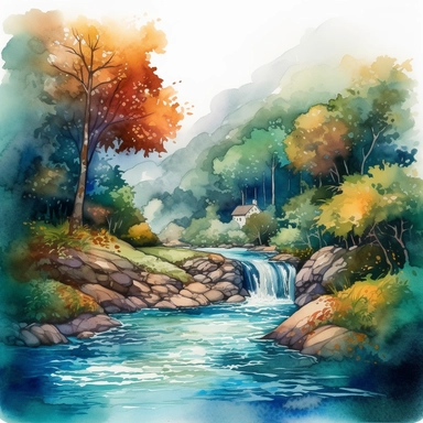 A vibrant watercolour landscape featuring a lively river flowing through a colourful forest. The style is bold and expressive, with bright colours and dynamic brushstrokes. The river is alive with movement, as it rushes over rocks and around bends. The trees are ablaze with autumn colours, creating a stunning contrast with the cool blues of the water. The clipart is highly detailed, with intricate textures and patterns in the foliage and water. The lighting is bright and cheerful, casting warm h