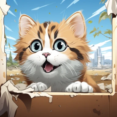head of innocent 3 colored sweet baby cat peering outside through the opening of a cardboard box, with a surprised and mischevious grin, clipart, depicted in cartoon, clipart, complete with vector, contour, White Background