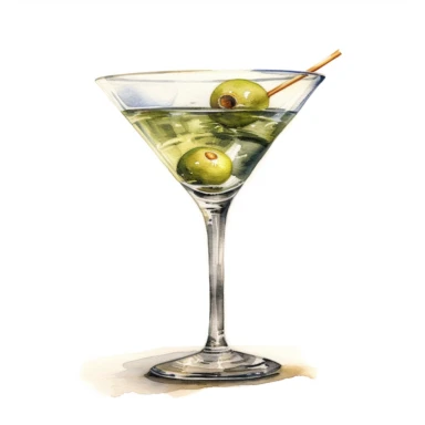 a watercolor clipart of a Martini Cocktail in a martini glass on a white background, in the style of realistic watercolor paintings, realistic, detailed rendering