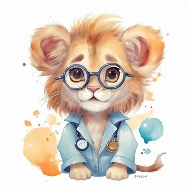 Cute Lion BABY, BEAUTIFUL big SHINING EYES ,HAPPY, dressed as a Doctor , Watercolor Little Animals Clipart, COLORFUL
