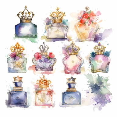 Eleven Watercolor Princes Perfumes Clipart by Nita Engle on solid white background
