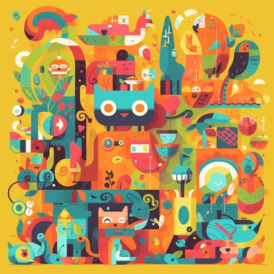 A colorful and playful scene featuring a variety of clipart images arranged in a fun and creative way. Think cartoon characters, animals, and objects arranged in a visually appealing manner, with a bold and eye-catching color scheme