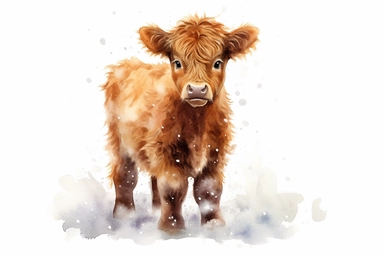 detailed watercolor illustration of a cute highland calf in the snow, clipart, plain isolated white background, 8k ultra detail high sharpness