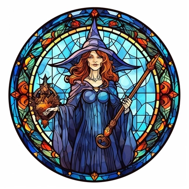 Vintage Colorful Beautiful Stained glass Witch Sublimation Clipart,Cartoon, hyper realistic, intricate detail, illustration style,high solution,on the white background