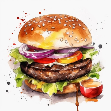 High Detail clipart of a Hamburger, 300 dpi, no lines, no outlines, clipart, featured on dribble, american Dinner clipart, minimalist, computer vector graphic design clip art, watercolor illustration clipart, watercolour clipart, watercolor illlustration for Recipe Books, book illustration, print on demand image, PNG tranparent background