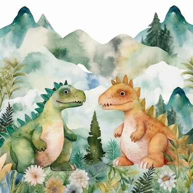 friendly, fluffy watercolor dinosaurs clipart, in mountains, forest, separated, seamless, transparent background--AR 3:2