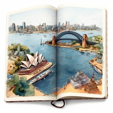 illustration of leather bound journal open with maps of Australia and the iconic Sydney Opera house and Sydney harbour bridge in background simple details, clip art, watercolour, deep vivid colours, white background